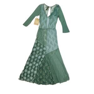 **RARE** NWT Aratta Patchwork Lace Sheer Maxi Dress - Green - Embroidery -S